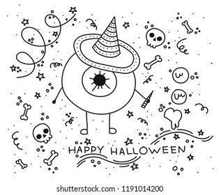 Spooky eyes. Magic fantasy character, doodle illustration on a white background, black lines. Holidays poster