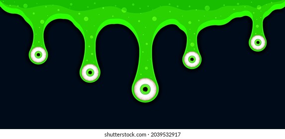 Spooky eyes radiation mucus. Green sticky liquid flows lowering the eyes.The molten paint drips and flows. Vector illustration with toxic eye drops on a dark background. Vector illustration.