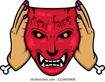 ilustración espeluznante de máscara facial, color rojo, carácter.