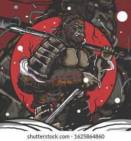 spooky faced gorilla samurai with a cigarette in his hand