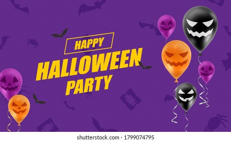 Spooky faces balloons and Halloween party announce. Holiday banner vector background template.