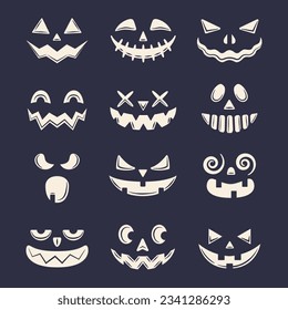 Caras espeluznantes. Sonrisas de calabaza puestas. Caras espeluznantes aisladas en un fondo negro. Fantasma, Calabaza, caras de monstruo. Ilustración del vector