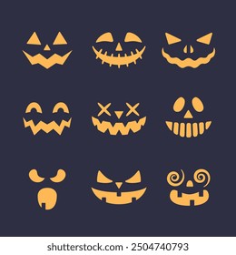 Spooky faces. Pumpkin smiles set. Scary smiling faces isolated on black background. Vector illustration