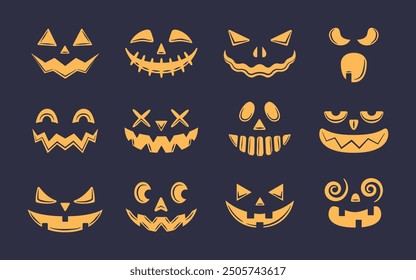 Conjunto de caras espeluznantes. Fantasma, calabaza, caras de monstruo. Caras sonrientes aterradoras aisladas sobre fondo negro. Ilustración vectorial