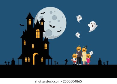 Spooky family and haunted house. Happy halloween party poster. Vector illustration