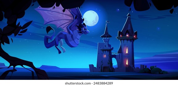 Spooky fantasy dragon flying near castle at night. Cartoon vector illustration of dark dusk magic fairytale scenery with mythical creature wyvern and medieval palace with towers under moon light.