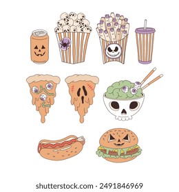 Spooky fast food vector clip-art set isolated on white. Halloween pizza popcorn fries hotdog hamburger noodles illustration.