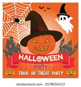 Spooky and festive Halloween featuring a jack O lantern, ghost, spider web, and a witch hat, perfect for Halloween themed party invites, decorations, or promotional materials.