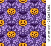 Spooky and festive Halloween seamless pattern featuring jack o lanterns bats and a purple damask style background Perfect for autumn decorations party invitations or Halloween themed designs