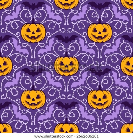Spooky and festive Halloween seamless pattern featuring jack o lanterns bats and a purple damask style background Perfect for autumn decorations party invitations or Halloween themed designs