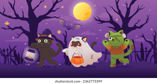 A spooky and festive scene of a black cat dressed in a Halloween costume walking through a haunted graveyard on a full moon night, Vector, Illustration