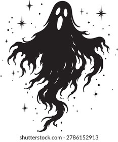 Spooky floating ghost silhouette with flowing shadows and stars in black gothic style. Perfect for Halloween posters, printable decorations, spooky backgrounds, and horror themed artwork.