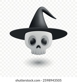 Spooky Floating Skull With Witch Hat. Creepy Halloween Ghost With Shadow. Eerie Haunted Spirit, Magic Character For Halloween, Floating Head With Witch Hat. 3d Realistic Vector Illustration