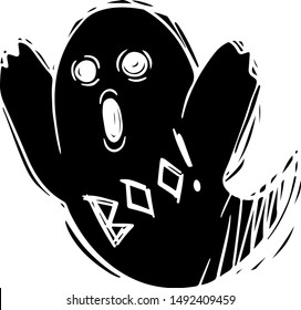 Spooky flying ghost hand drawn silhouette illustration. Cute phantom, funny poltergeist monochrome drawing with lettering. Halloween, october holiday symbol. Mystic creature, spooky spirit, specter