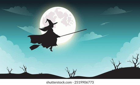 Spooky Flying Witch at Night Halloween Illustration for Design with copy space