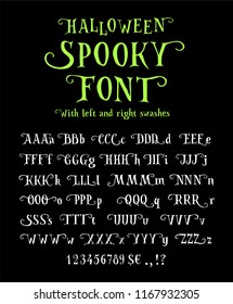 Spooky font for halloween. Rough hand drawn shapes. Left and right glyph alternates and swashes. Curly serif font with eerie feeling. Eps 10 vector letters set.