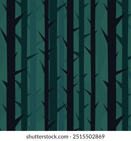 Fundo de floresta assustador, haloween, névoa, assombrado, misterioso, assustador, árvores, escuro, místico, papel de parede, textura, impressão, cartão, tecido, ramos, tronco, ramos, estilo plano, ilustração vetorial. 