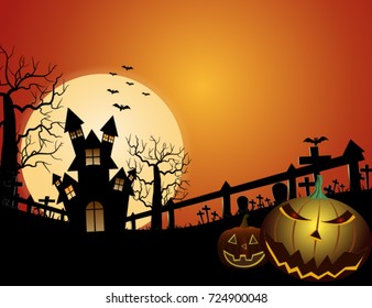 Spooky forest with dead trees and pumpkins and wooden castle. Halloween design with pumpkins at night.