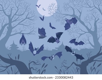 Spooky forest with full moon and bats flying. Mystical scenery for halloween. Flock of bats in the wildlife at night vector cartoon illustration