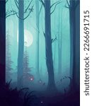 Spooky forest with full moon and floor. Without leaves and branches autumn. Design Halloween season. Vector illustration vertical poster. Horror wood, trees, night, fog, strange, terrible, terrible