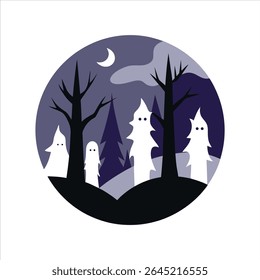 Floresta Assustadora com Fantasmas e Arte Vetorial de Névoa