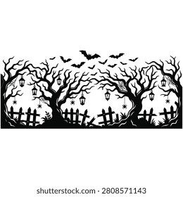 Spooky forest Halloween banner with bare trees, bats, spiderwebs, and hanging lanterns, vector silhouette.