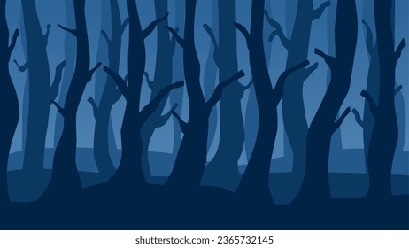Wunderschöne Waldlandschaft in der nebeligen Vektorgrafik. Toter Baumwald in der Nacht. Waldlandschaft für Hintergrund, Bildschirmhintergrund oder Landungsfläche. Landschaftsgrafik mit Farbverlauf-Stil