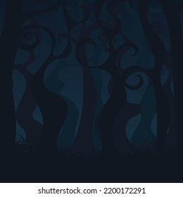 Spooky forest. Night background with silhouettes of trees. Vector illustration