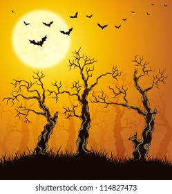 Spooky forest. Orange halloween background. Vector Illustration.