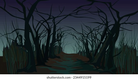 Spooky forest road illustration. Path through a dark forest autumn fog at night.Evil and fear place, spooky and creepy. Cartoon vector
