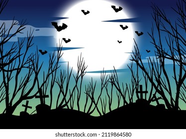 Spooky forest silhouette with full moon and bats illustration