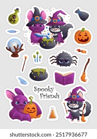 Spooky friends stickers sheet with black cat and bat in witch's hat, cauldron, pumpkins, magic ball and witchcraft images. Vector illustration set.