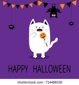 Spooky frightened cat holding pumpkin face on stick. Happy Halloween. Flag garland. Hanging bat, spider dash line Bunting flags. Funny Cute cartoon baby character. Flat design Violet background Vector