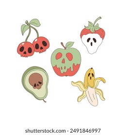 Spooky fruits vector clip-art set isolated on white. Halloween cherry strawberry avocado banana apple illustration 