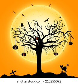 Cartaz de noite de luz de lua cheia assustador. design de banner ou flyer com árvore morta assustadora e abóboras para a celebração da noite de festa de Halloween. 