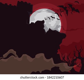 Spooky full Moon night with silhouettes of castle, death forest with mist and flying vampire bats.