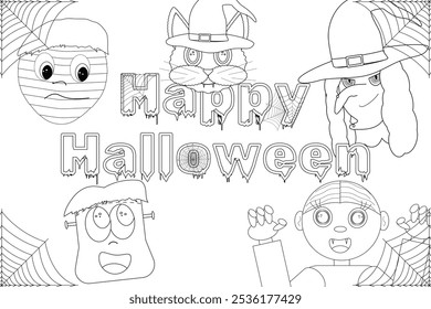 Spooky and fun Halloween coloring page featuring a collection of cute monsters, perfect for kids to color and enjoy Halloween fun.