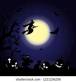 Spooky and Fun Halloween Illustration Featuring Pumpkins, Ghosts, Witches, and Haunted Elements