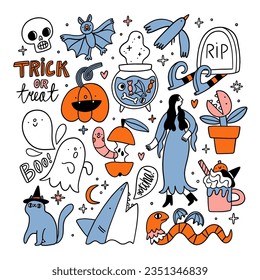 Espléndidas y divertidas ilustraciones de Halloween ambientadas con contorno, con fantasmas, monstruos lindos, un poco de letras y otros doodles de vacaciones. Aislado sobre fondo blanco