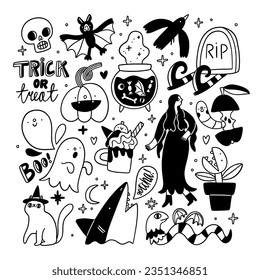 Spooky fun Halloween illustrations vector set in black and white with ghosts, cute monsters, a little bit of lettering and other holiday doodles. Isolated on white background