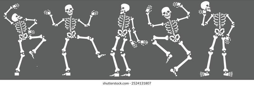 Spooky and fun Halloween party vector illustration featuring dancing skeletons. Perfect for party invitations, decorations, posters, and social media graphics. Ideal for Halloween-themed designs,