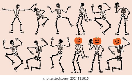 Spooky and fun Halloween party vector illustration featuring dancing skeletons. Perfect for party invitations, decorations, posters, and social media graphics. Ideal for Halloween-themed designs,