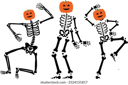 Spooky and fun Halloween party vector illustration featuring dancing skeletons. Perfect for party invitations, decorations, posters, and social media graphics. Ideal for Halloween-themed designs,