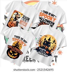 "Spooky and fun Halloween T-shirt design featuring classic symbols of the season! This design includes a hauntingly cool mix of jack-o'-lanterns, witches, bats, and ghosts in vibrant, eye-catching col