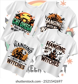 "Design de camiseta de Halloween assustador e divertido com símbolos clássicos da temporada! Este design inclui uma mistura assustadoramente legal de jack-o'-lanternas, bruxas, morcegos e fantasmas em cores vibrantes e atraentes