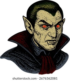 Vector de vampiro de Halloween aterrador con un ícono de cara de Drácula con estilo oscuro y espeluznante. Perfecto para diseños de terror, decoraciones encantadas, carteles, invitaciones y temas gráficos de celebración de Halloween.