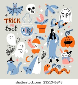 Spooky fun Halloween vector illustrations set with ghosts, cute monsters, a little bit of lettering and other holiday doodles. Isolated on gray background
