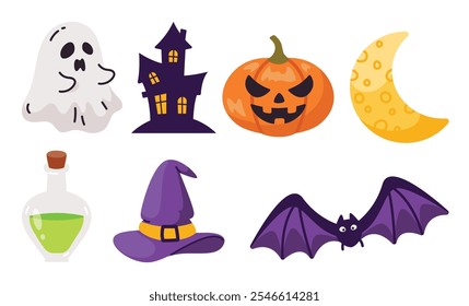 A spooky and fun Halloween-themed illustration set featuring a ghost, haunted house, jack-o'-lantern, crescent moon, witch hat, potion bottle, and bat. Perfect for festive designs.