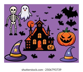 Spooky and fun Halloween-themed vector illustration, perfect for holiday decorations, posters, and digital designs. Skeleton, Pumpkin,  Bat, Ghost and Ghost House. High-res for Halloween Theme.