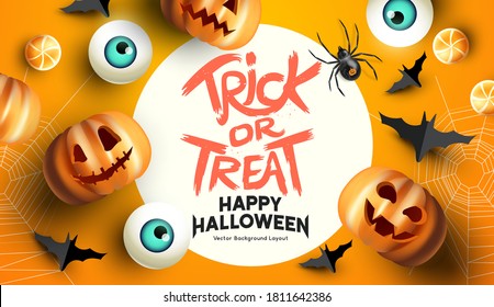 Spooky And Fun Happy Halloween Event Mockup Design Background. Including Bats, Sweets, And Grinning Jack O Lantern Pumpkins. Vector Illustration.